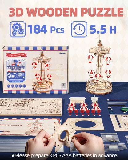 US Local Robotime Rokr Parachute Tower DIY Music Box Building Block Amusement Park Series For Kids Adults Easy Assembly 3D Wooden Puzzle