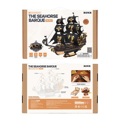 US Local ROKR 3D Wooden Ship Model Kit - Seahorse Bark MCB02 DIY Nautical Puzzle With Moving Parts, Adult Building Project & Unique Maritime Gift For Men