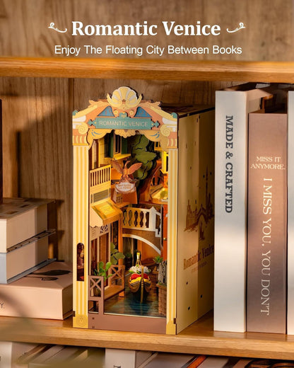 US Local ROBOTIME Book Nook Kits For Adults Romantic Venice With Dust Cover, Booknook DIY Miniature House Kit 3D Wooden Puzzle Bookend Bookshelf Decoration Gifts TGB08