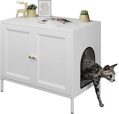 Cat Litter Box Enclosure,Metal Cat Washroom Furniture With Barn Door, Indoor Pet House, Fit Most Of Litter Box, End Side Table,White
