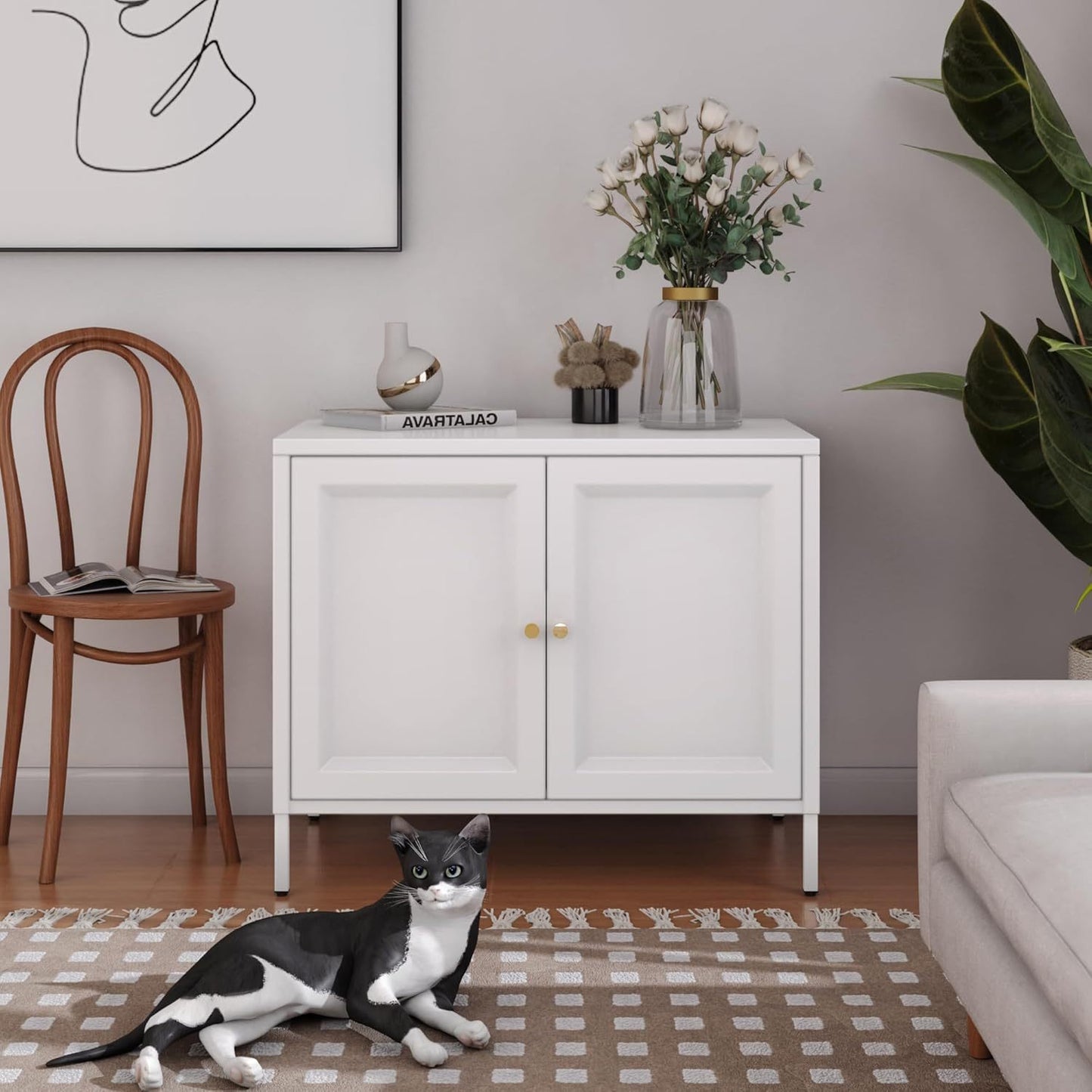 Cat Litter Box Enclosure,Metal Cat Washroom Furniture With Barn Door, Indoor Pet House, Fit Most Of Litter Box, End Side Table,White