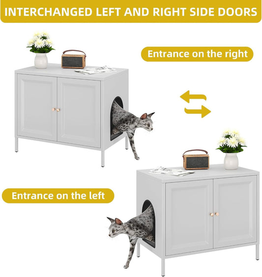 Cat Litter Box Enclosure,Metal Cat Washroom Furniture With Barn Door, Indoor Pet House, Fit Most Of Litter Box, End Side Table,White