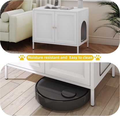 Cat Litter Box Enclosure,Metal Cat Washroom Furniture With Barn Door, Indoor Pet House, Fit Most Of Litter Box, End Side Table,White