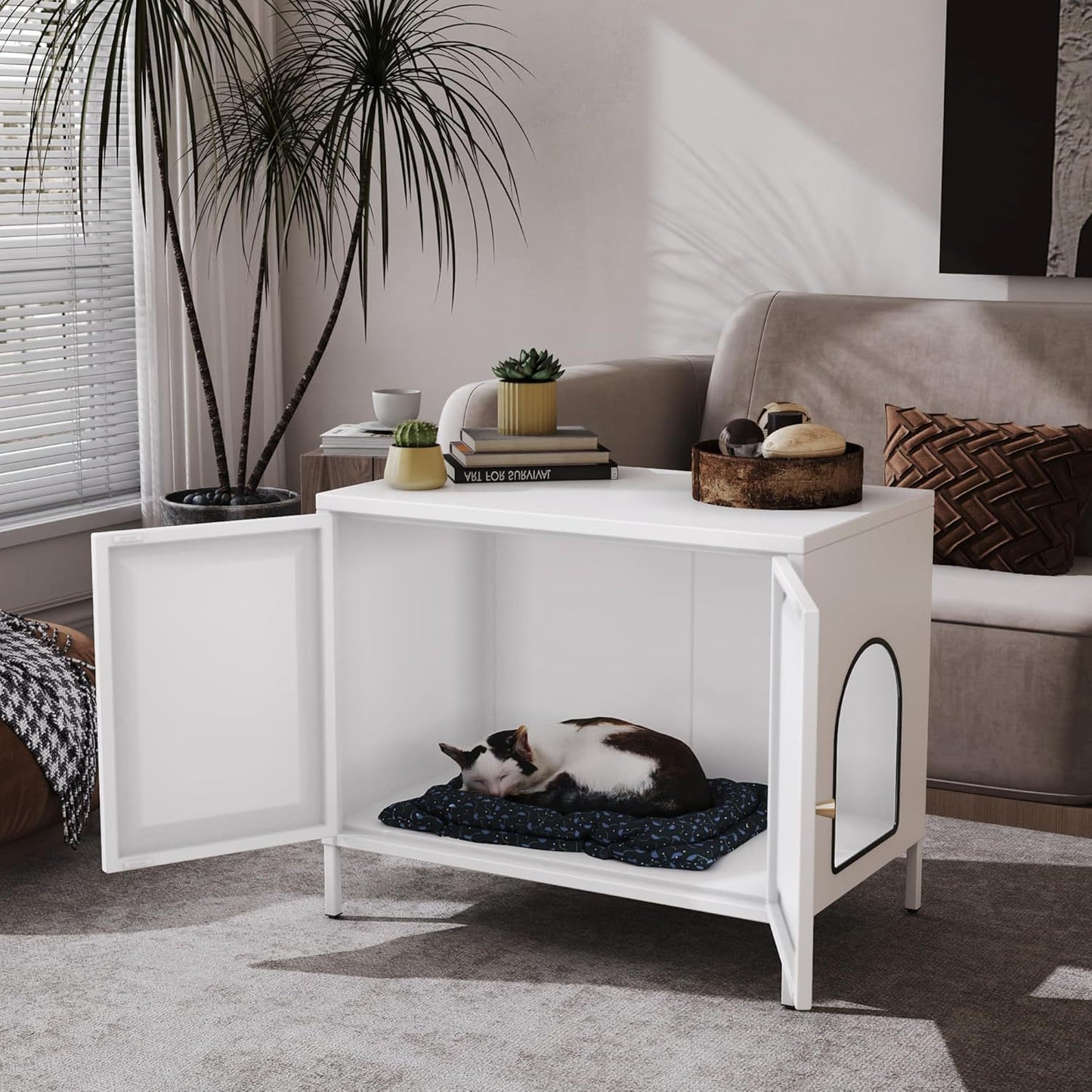 Cat Litter Box Enclosure,Metal Cat Washroom Furniture With Barn Door, Indoor Pet House, Fit Most Of Litter Box, End Side Table,White