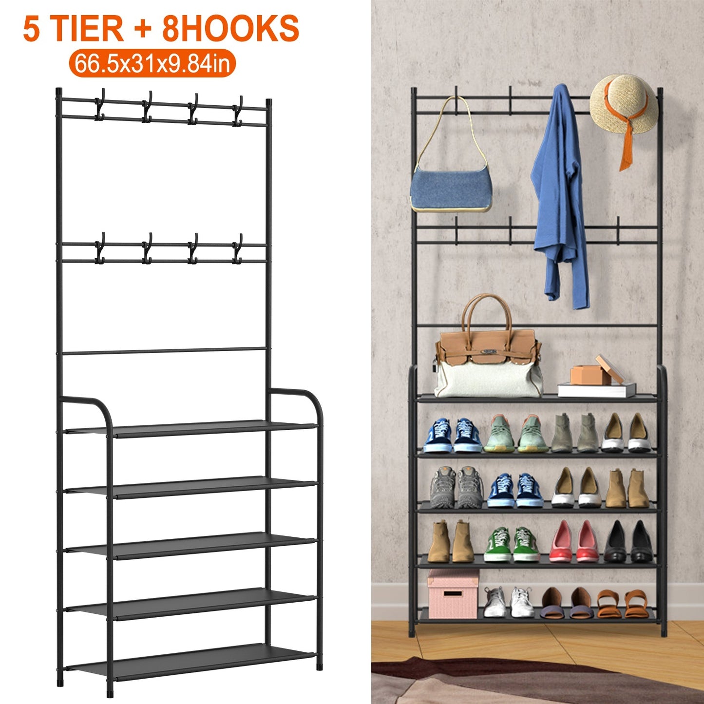US Local Entryway Coat Hat Rack Shoe Storage Shelf 5 Tier Shoe Rack Freestanding Hall Tree Garment Hanger Stand Clothes Shoe Organizer Combo