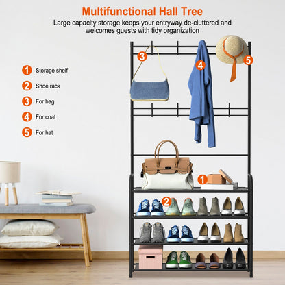 US Local Entryway Coat Hat Rack Shoe Storage Shelf 5 Tier Shoe Rack Freestanding Hall Tree Garment Hanger Stand Clothes Shoe Organizer Combo