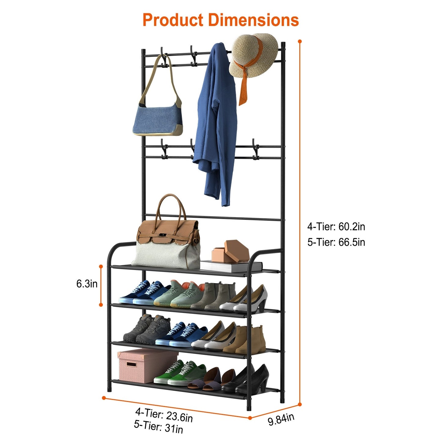 US Local Entryway Coat Hat Rack Shoe Storage Shelf 5 Tier Shoe Rack Freestanding Hall Tree Garment Hanger Stand Clothes Shoe Organizer Combo