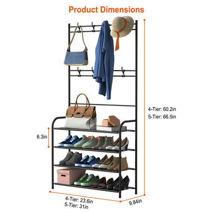 US Local Entryway Coat Hat Rack Shoe Storage Shelf 5 Tier Shoe Rack Freestanding Hall Tree Garment Hanger Stand Clothes Shoe Organizer Combo