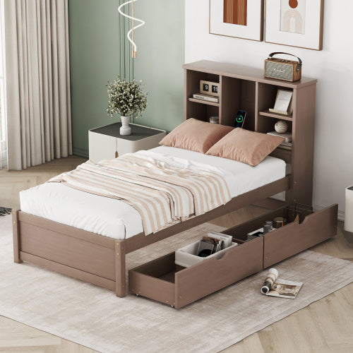 US Local Modern Twin Size Bed Frame With Built-in USB Port On Bookcase Headboard And 2 Drawers For Walnut Color