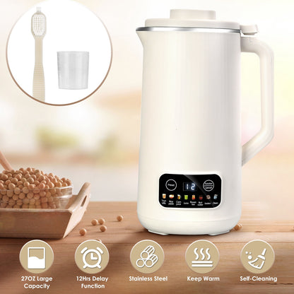 US Local 1Pc 27OZ Nut Milk Maker With 12Hours Delay Function Self-Cleaning Keep Warm Automatic Soy Milk Maker Machine For Homemade Soya Milk Rice Paste Juice Corn Juice Flower Tea Boil Water