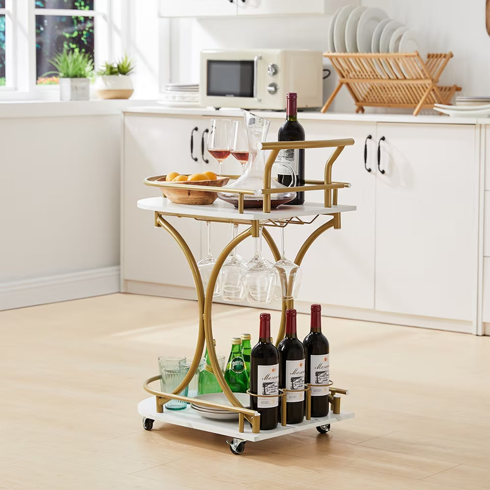 US Local 2-Tier Bar Cart,Gold Wine Cart With Wine Rack & Glass Holder,Mobile Bar Serving Cart,for Party,Home,Rolling Drink Trolley For Living Room