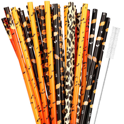 US Local 40 Pack Of 9 Inch BPA-Free Halloween Reusable Straws With Colorful Stripe Print Hard Straws For Mason Jars, Mason Glasses, Home Or Party Use, Comes With A Cleaning Brush