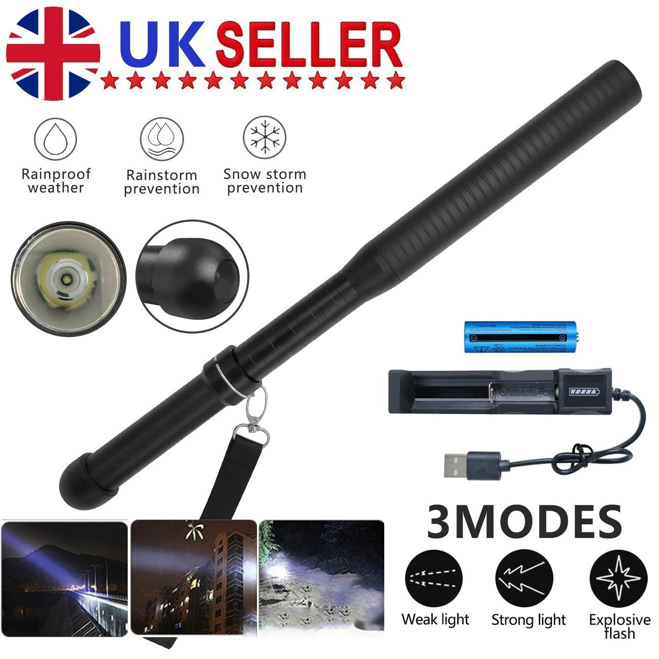 UK Local Baseball LED Flashlight Rechargeable Torch Spotlight Emergency Security Work Light 3 Lighting Modes