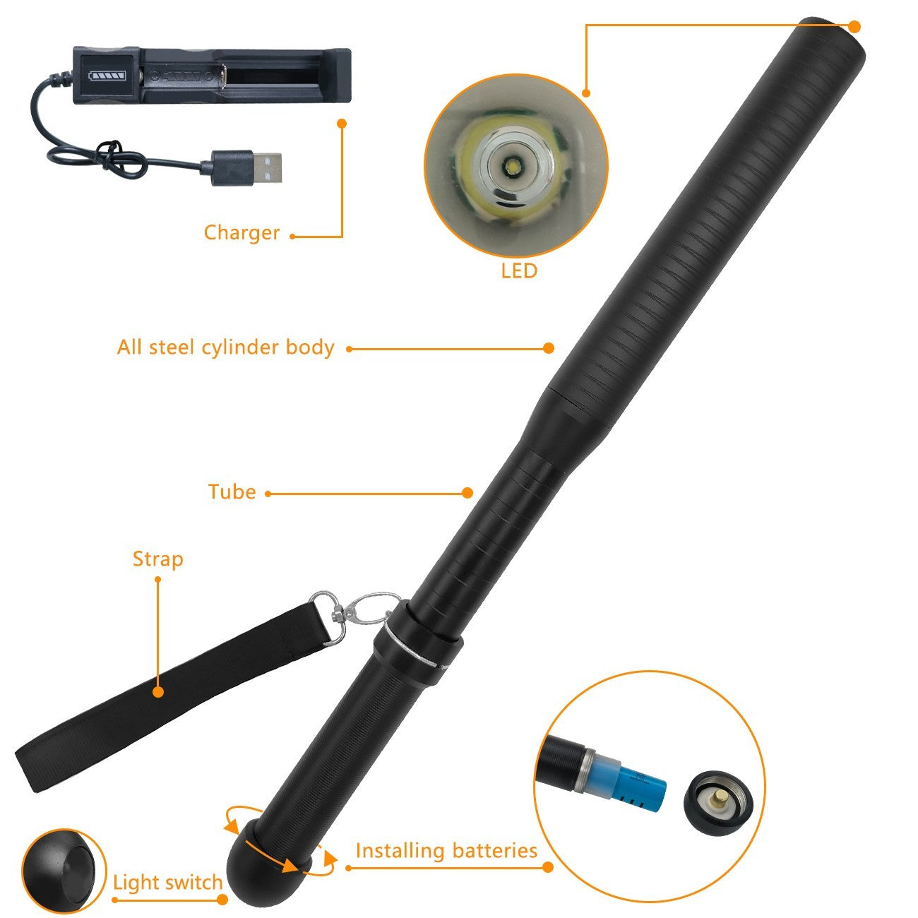 UK Local Baseball LED Flashlight Rechargeable Torch Spotlight Emergency Security Work Light 3 Lighting Modes