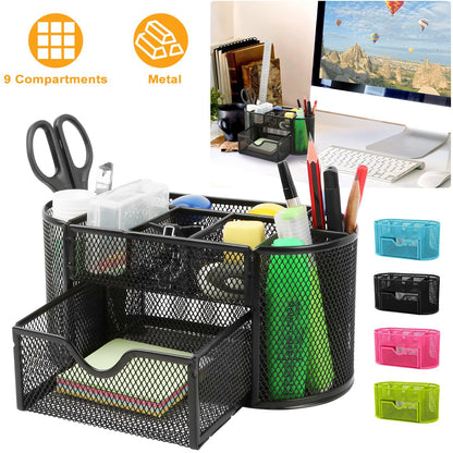 US Local 1Pc Metal Mesh Pencil Holders Desk Organizer With 9 Compartment Pen Holder Storage