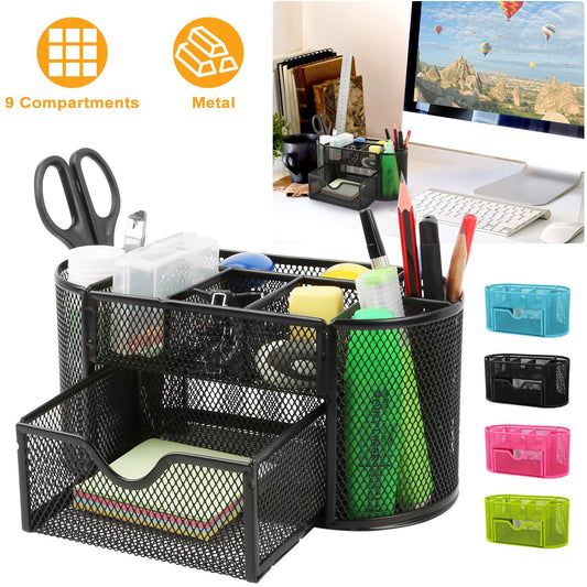 US Local 1Pc Metal Mesh Pencil Holders Desk Organizer With 9 Compartment Pen Holder Storage