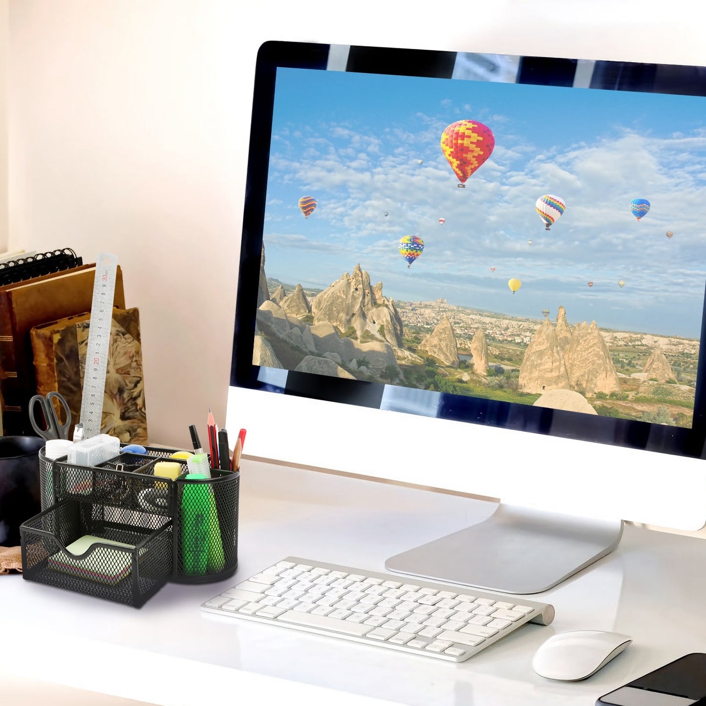 US Local 1Pc Metal Mesh Pencil Holders Desk Organizer With 9 Compartment Pen Holder Storage