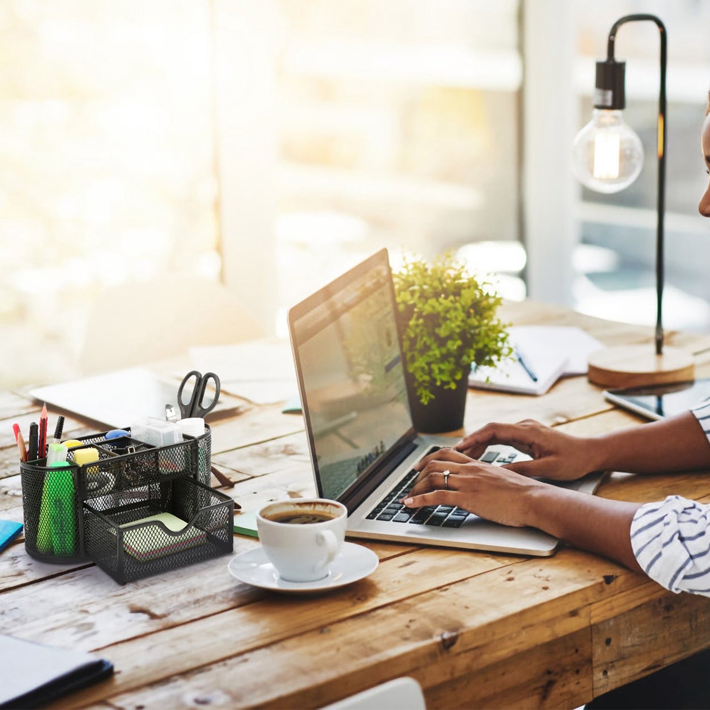 US Local 1Pc Metal Mesh Pencil Holders Desk Organizer With 9 Compartment Pen Holder Storage