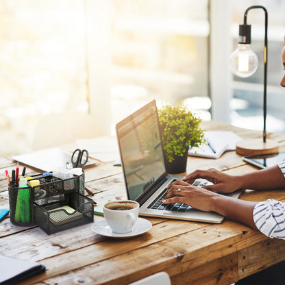 US Local 1Pc Metal Mesh Pencil Holders Desk Organizer With 9 Compartment Pen Holder Storage