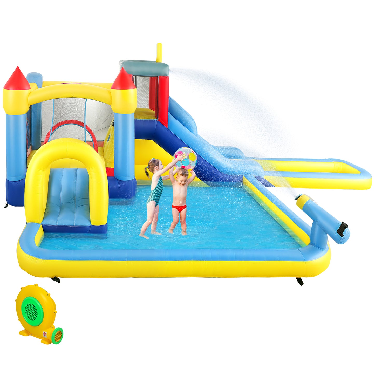 US Local 6 In 1 Inflatable Water Slide Park With Splash Pools, 2 Slides, Trampoline, Climbing Wall, Cannon, Basketball Hoop