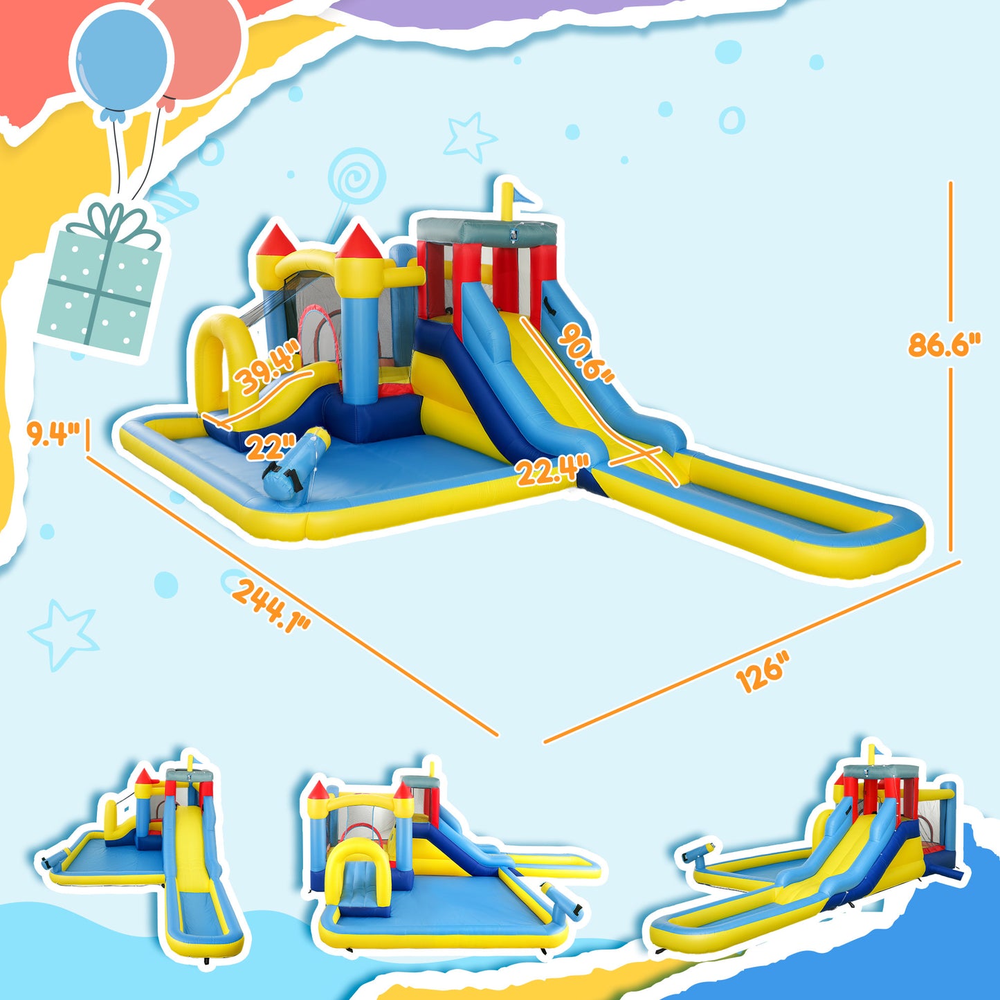 US Local 6 In 1 Inflatable Water Slide Park With Splash Pools, 2 Slides, Trampoline, Climbing Wall, Cannon, Basketball Hoop