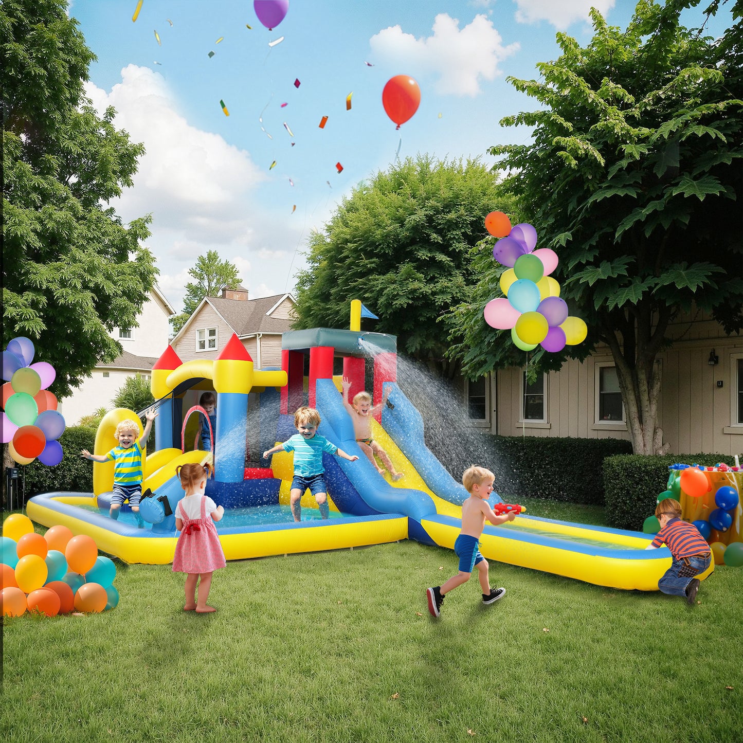 US Local 6 In 1 Inflatable Water Slide Park With Splash Pools, 2 Slides, Trampoline, Climbing Wall, Cannon, Basketball Hoop