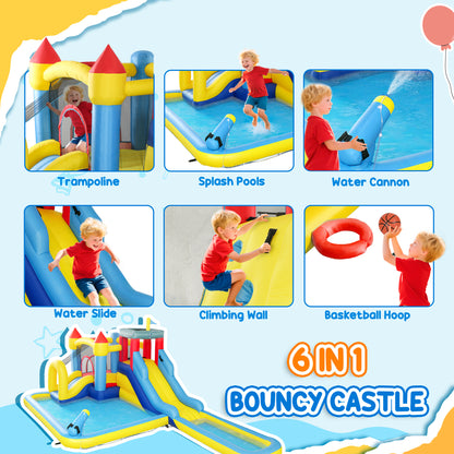 US Local 6 In 1 Inflatable Water Slide Park With Splash Pools, 2 Slides, Trampoline, Climbing Wall, Cannon, Basketball Hoop