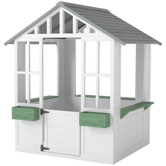 US Local Kids Wooden Playhouse, Outdoor Garden Games Cottage With Flowers Pot Holder, Working Door, Windows, White
