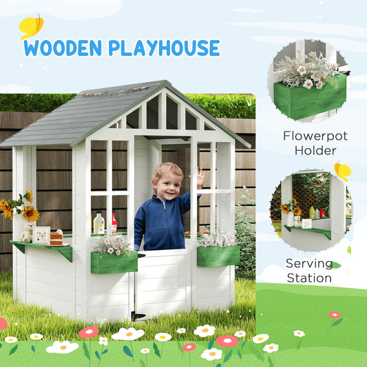 US Local Kids Wooden Playhouse, Outdoor Garden Games Cottage With Flowers Pot Holder, Working Door, Windows, White