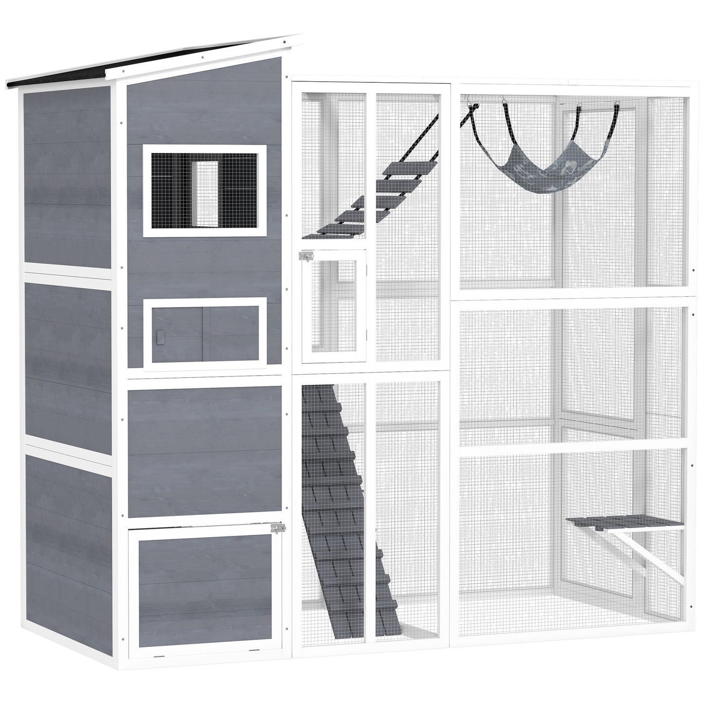 US Local Large Wooden Outdoor, Cat Enclosure W 4 Tier Resting Rooms, 3 Platforms, 1 Soft Ladder, 2 Ramps, 1 Hammock, Gray