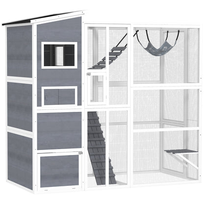 US Local Large Wooden Outdoor, Cat Enclosure W 4 Tier Resting Rooms, 3 Platforms, 1 Soft Ladder, 2 Ramps, 1 Hammock, Gray