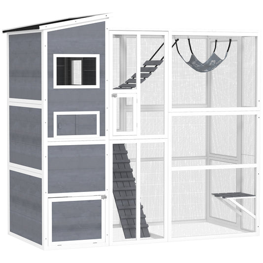 US Local Large Wooden Outdoor, Cat Enclosure W 4 Tier Resting Rooms, 3 Platforms, 1 Soft Ladder, 2 Ramps, 1 Hammock, Gray