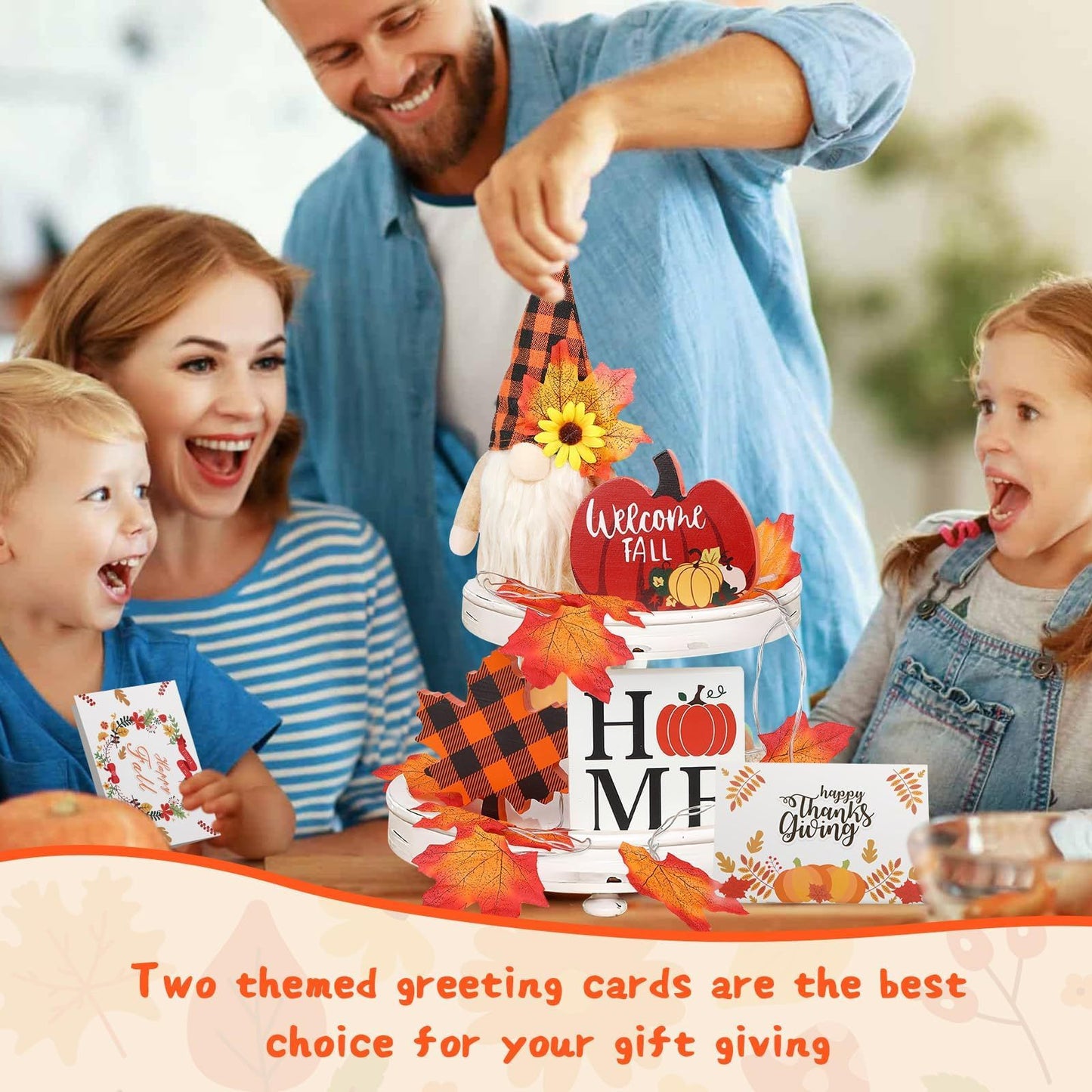 US Local Fall Gnome Tiered Tray Decorations Set Farmhouse Pumpkin Decor Autumn Maple Leaf Table Centerpieces With Fall String Lights Thankgiving Day Fall Greeting Card Autumn Harvest Decorations