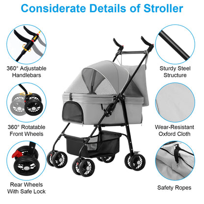 US Local 1Pc 4-Wheels Pet Stroller Foldable Carrier Strolling Cart Travel Jogger Pet Stroller With Removable Liner Storage Basket For Dog Cat