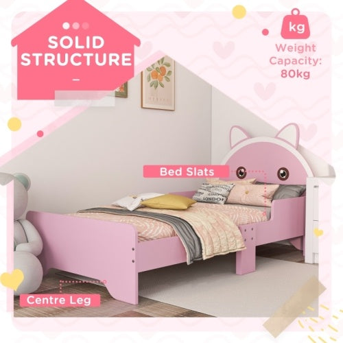 UK Local ZONEKIZ Bed For Kids Cat Design Toddler Bed Frame Bedroom Furniture With Guardrails, For 3-6 Years, 143L X 74W X 72Hcm - Pink