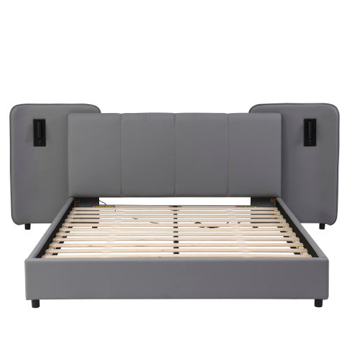 UK Local Upholstered Bed, With Charging Port And Lighting, 4ft6 Double Bed 135x190cm, Soft Sponge Headboard Backrest, Anti-collision Sponge Filling, PU  Plywood,