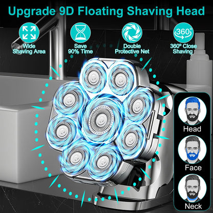 US Local 1Pc 6 In 1 9D Electric Head Shaver For Men Cordless Rechargeable Wet Dry Razor With LED Display Travel Lock Stall Protection Cleaning Reminder