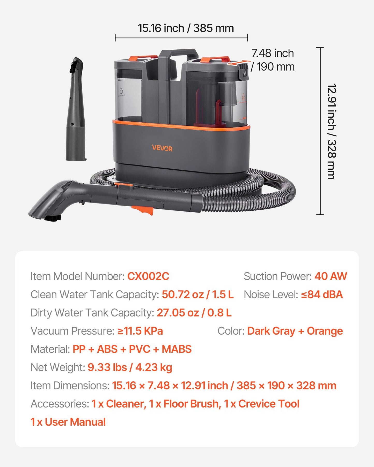 US Local Portable Carpet Cleaner Machine Dual-Water Tank 11.5Kpa Upholstery Cleaner