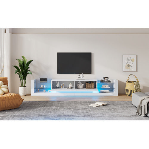 UK Local Open Glass Storage TV Stand With LED Lights For TV Cabinets Up To 75 Inches High Gloss Panel, Modern Minimalist Style Media Entertainment Center Console Cabinet Table With 2 Closed Sliding Door, White