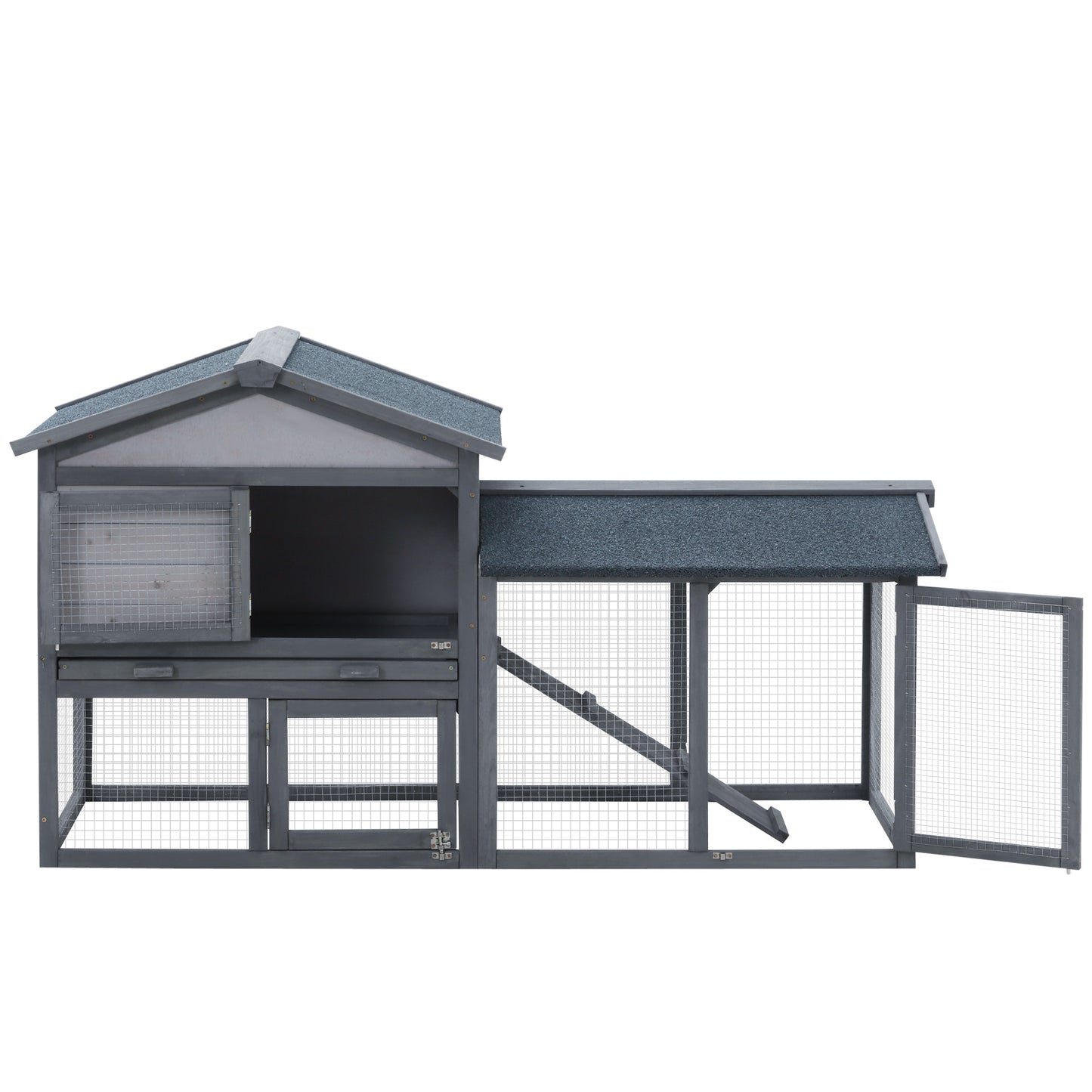 US Local Outdoor Rabbit Hutch Wooden Bunny Cage Guinea Pig House With Run Area Removable Tray Asphalt Roof Lockable Doors Ramp Gray