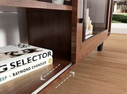 US Local Mid Century Modern TV Stand For 55,60,65,70 Inch TV, Wood Entertainment Center With Power Outlets, Media Console With Sliding Doors And Open Shelf For Living Room, Walnut