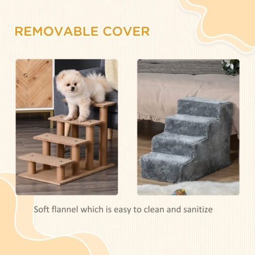 UK Local PawHut Four-Step Dog Stairs, With Washable Plush Cover, For High Bed Sofa, Dog Stairs For Small Dog And Cat - Light Grey