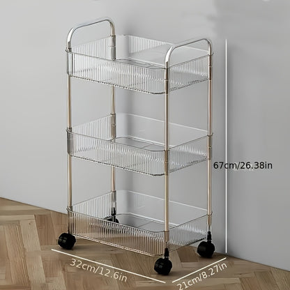 US Local Modern Storage Three-Tier Acrylic Cosmetic Cart With Wheels - Transparent Bathroom And Living Room Storage, Portable Cosmetic Storage Box
