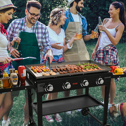 US Local Commercial Griddle On Cart, 36' Heavy Duty Manual Flat Top Griddle, Outdoor Cooking Station With Side Shelves, Steel Natural Gas Griddle, 4-Burners Restaurant Portable Tested ToStandards