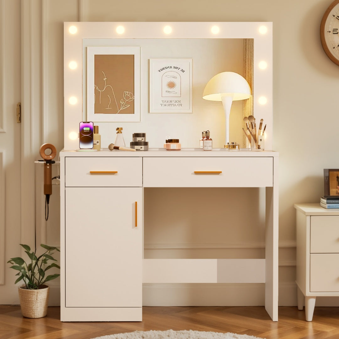 US Local Mirror And Lights, Makeup Vanity Table With Charging Station , 2 Drawers & Large Cabinet, 3 Lighting Color Adjustable, Dressing Table