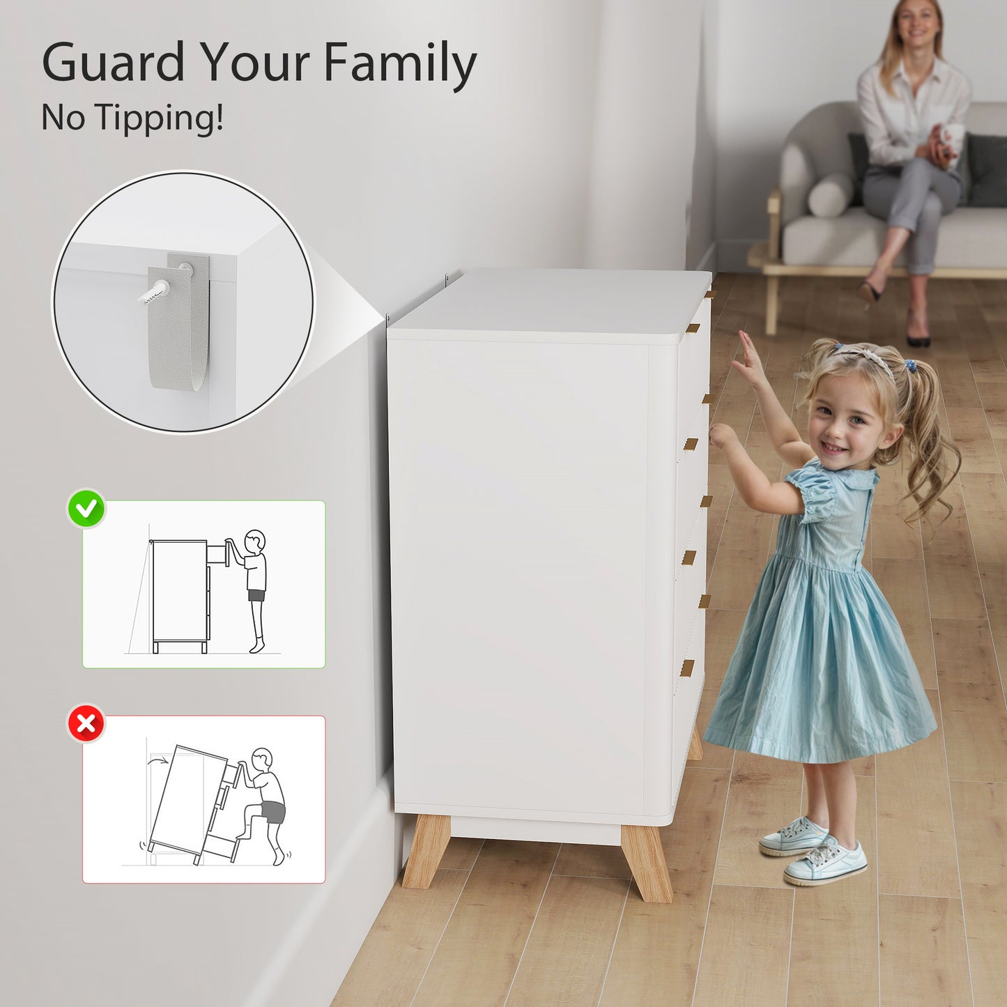 US Local 4 Drawer Double Dresser For Bedroom, Fluted Chest Of Drawers With Gold Finger Pulls And 4 Wood Legs, White