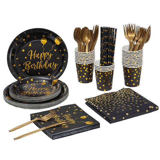 US Local 201 PCS Black Gold Birthday Party Supplies For 25 Guests Happy Birthday Disposable Dinnerware Set Paper Plates 9OZ Cups Straws Napkins Forks Knives Spoons Tablecloth