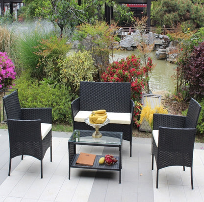 US Local 4PC Rattan Patio Set Outdoor Cushioned Wicker Sofa - Beige