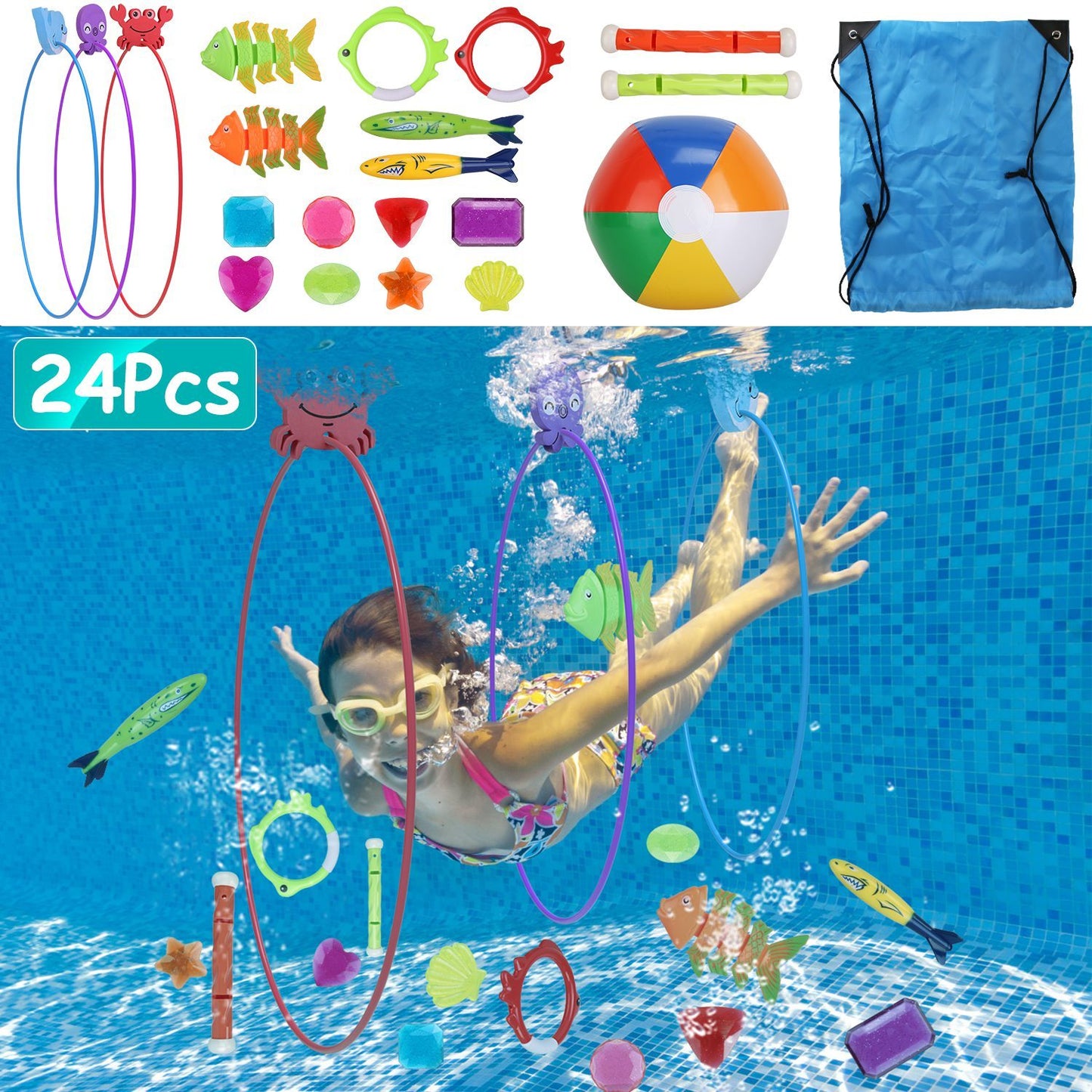 US Local Set Of 24Pcs Diving Toys Swimming Pool Toys Swim Toys For Kids Above Aged 3 Years Old Swim Thru Rings Torpedoes Gems Volleyball Storage Bag