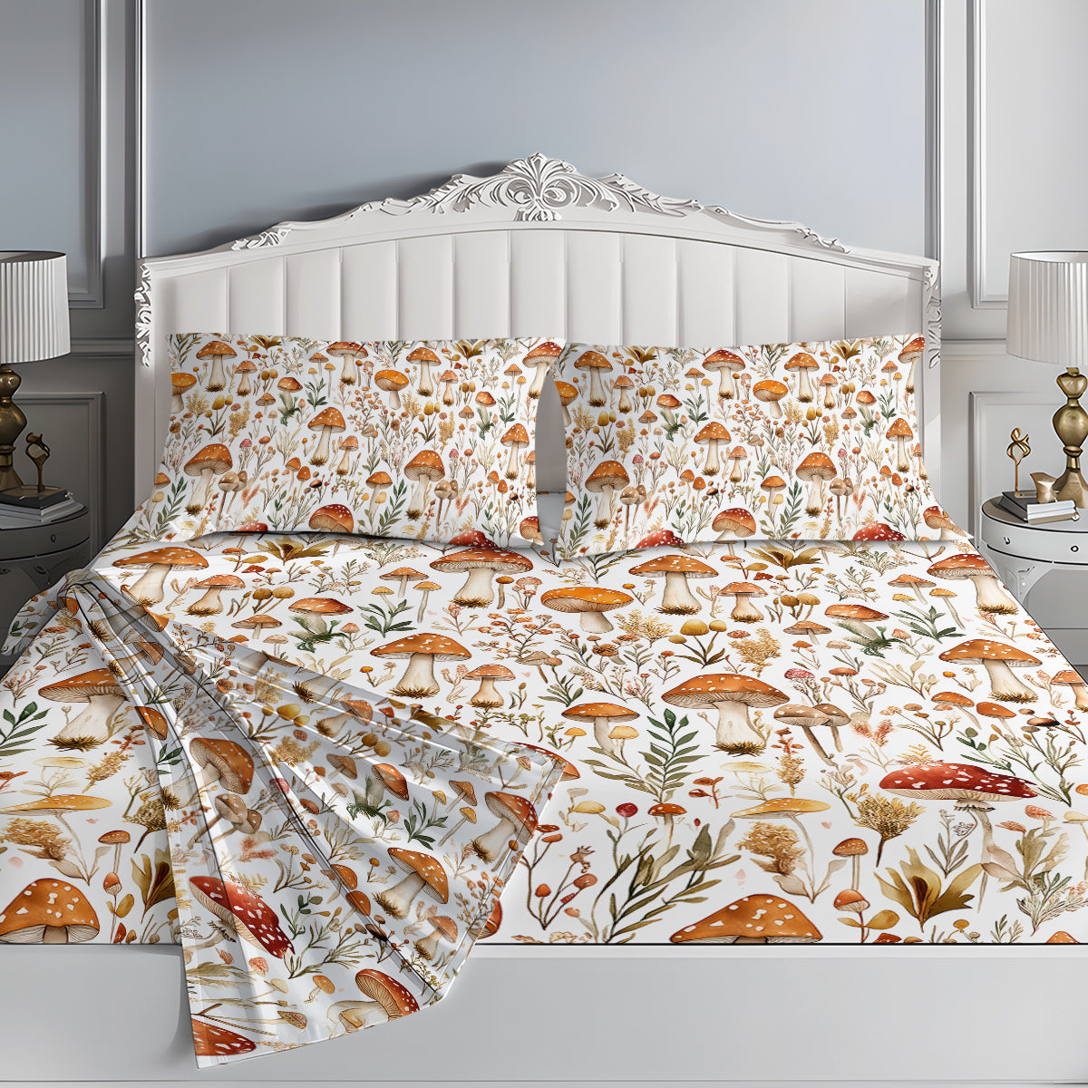US Local 4 Pcs Of Forest Mushroom Natural Style Printed Series Beds, 1 Bedsheet, 1 Bed Sheet, And 2 Pillowcases Bedding, Suitable For All Seasons